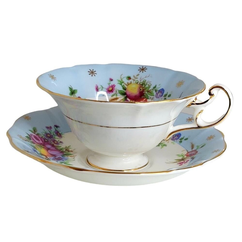 Vtg E.B Foley Beautiful Cup & Saucer Fruit Floral Sky Blue Wide Mouth Gold Rim - Picture 11 of 12